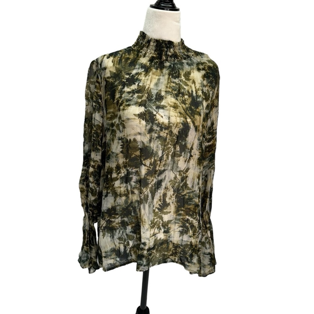 NWT Lauren Vidal Green Long Sleeve High Neck Semi-Sheer Blouse Size S